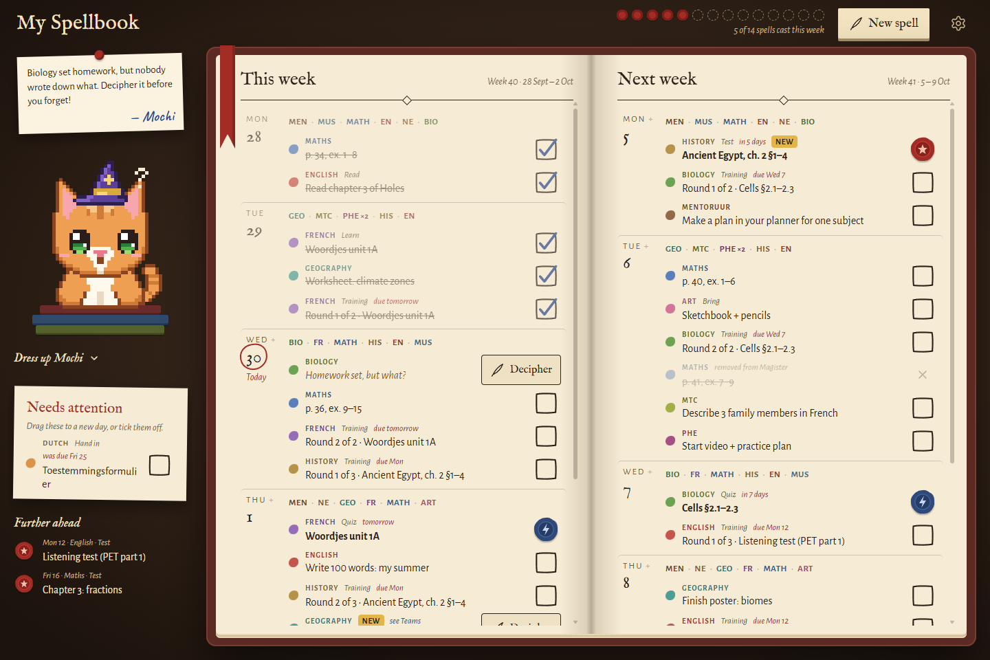 Learnling in the Spellbook theme, with two weeks of homework
